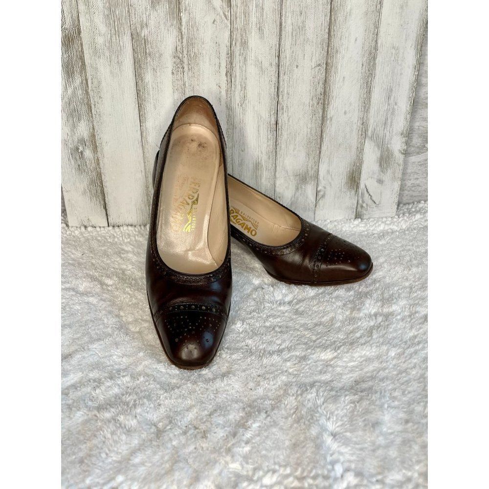 Ferragamo Brown Perforated Spectator Pumps Size 8 AA